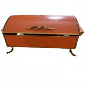 FIRE KING Mid Century Modern Orange/Brass Chafing Dish/Casserole holder Vintage